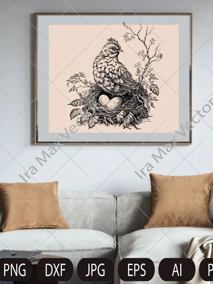 Hen Laying on Eggs in a Nest, Chicken Clipart, Farm birds, Bird in a nest, Instant Digital Download ,Cut Files