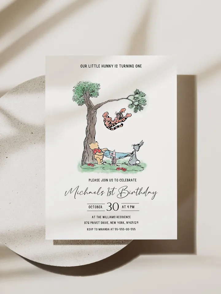 Winnie the Pooh Inspired First Birthday; Classic Winnie Pooh Invitations; Neutral Winnie Pooh Turning One; Winnie Pooh Birthday Party Theme