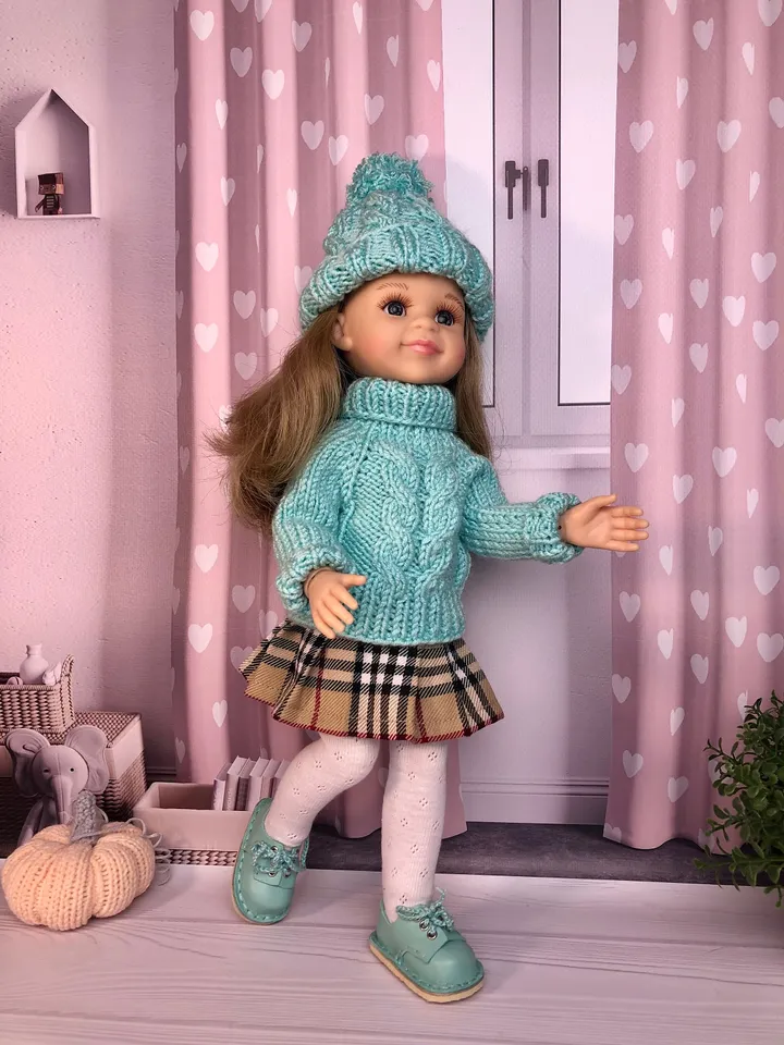 Paola Reina Doll 5 ITEMS Set: Exclusive Handmade Outfit - Sweater, Skirt, Tights, Shoes, Hat with braid