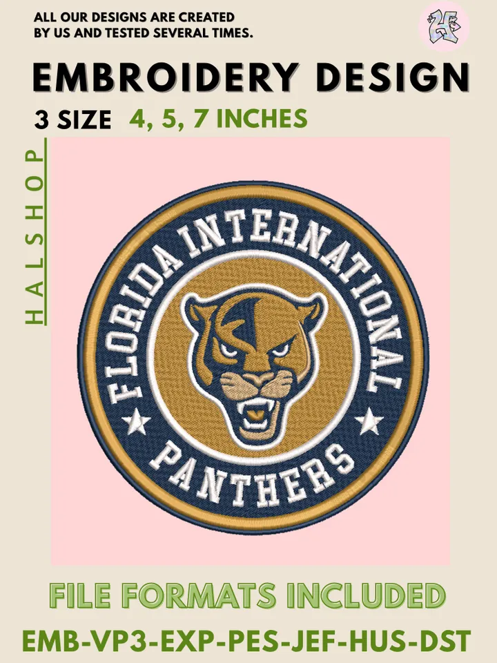Florida International Panthers NCAA Embroidery Design Files – College Mascot Logo, 3 Sizes Digital Download, Machine Embroidery for Apparel and Gifts