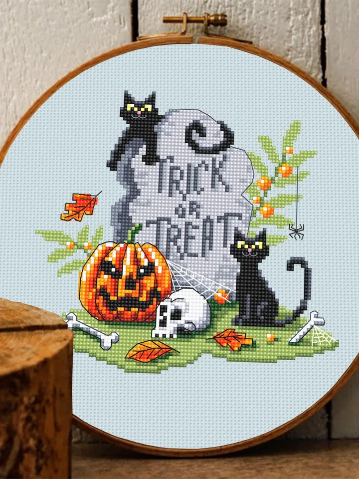 Halloween cross stitch pattern PDF download Black cat cross stitch chart, Trick or Treat Halloween pattern digital PDF, Halloween grave #H75
