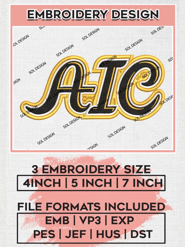 AIC Team Logo Embroidery Design Files, NCAA AIC Yellow Jackets Machine Embroidery, NCAA Teams, 3 sizes, NCAA Machine embroidery designs, Digital Download
