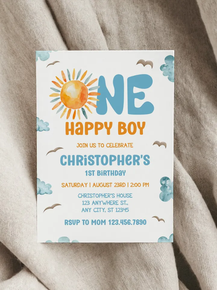 One Happy Boy Birthday Invite, First Birthday Evite, First Birthday Invitation, Phone Invite, 1st Birthday Invitation I120