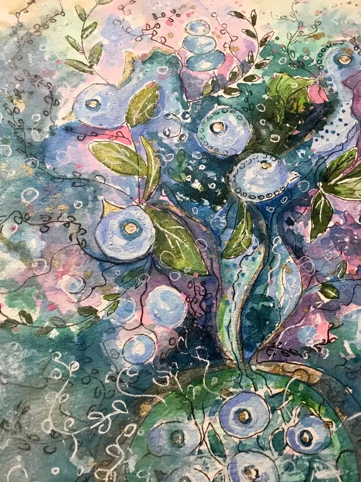 Floral fantasy original watercolor painting on paper, unique handmade artwork, wall art, home decor, blue green pink abstract fantasy art.