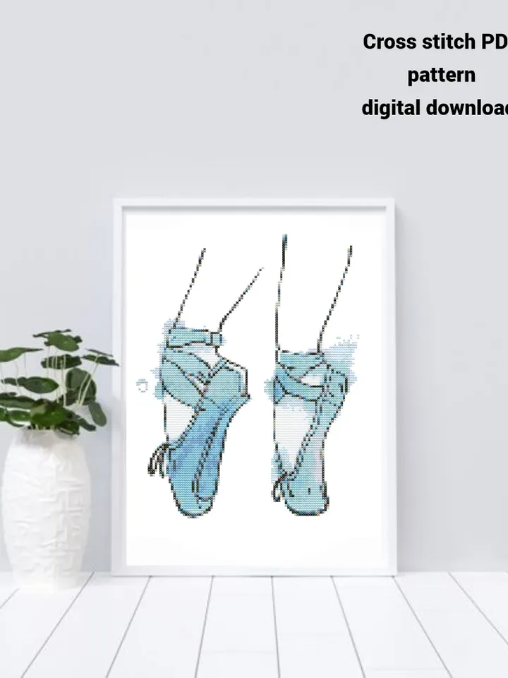 Blue pointe shoes cross stitch PDF pattern, Watercolor embroidery design, Instant download