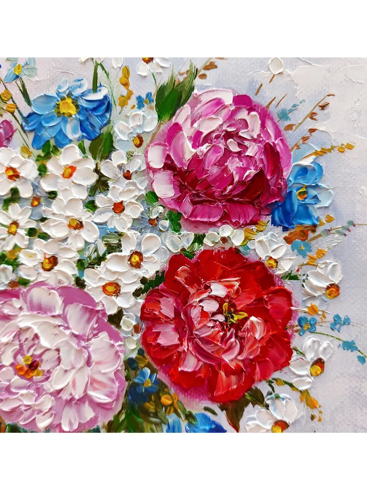 Original oil painting Peonies and Daisies Bright bouquet of flowers 8 by 8 inches (20x20cm) by OilPaintingNatali