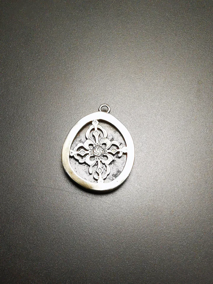 Gandhanra Antique Tibetan Buddhist Protective Pendant,Stupa,Pagoda,Buddhist Tower Amulet Badge,Made of Thokcha,inlaid with Sliver
