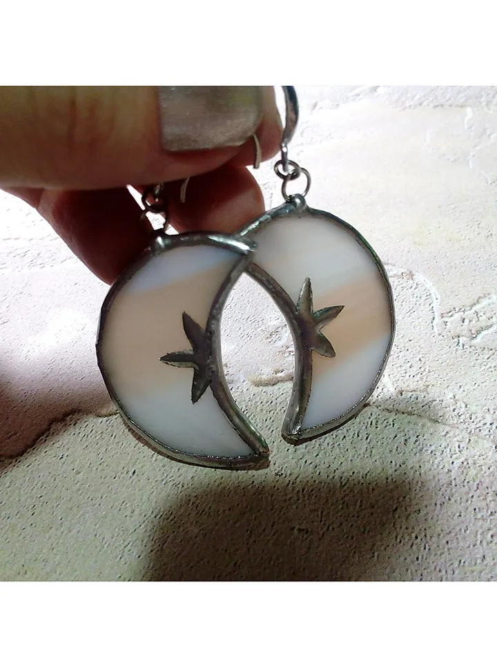 Glass crescent earrings, Moon and stars, Witchy goth aesthetic, Tin soldered moon earrings, Halloween, Witch earrings