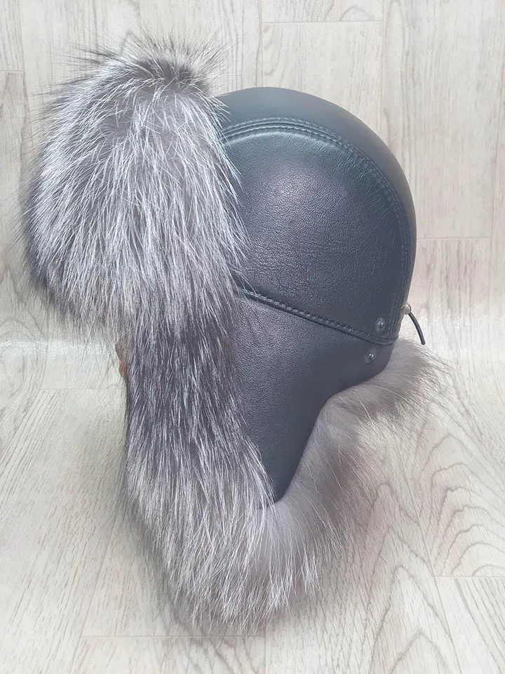 Men's silver fox hat, Winter hat for men, Genuine leather hat top, Fur hat with earflaps "Pilot". Warm men's hat