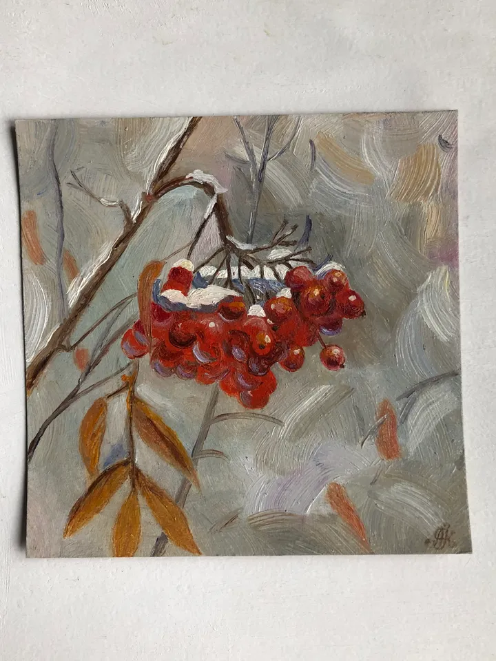 Red mountain ash original oil painting handmade wall art on cardboard 6x6 inches modern art