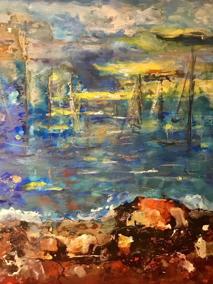 Sunset mirage,mix media painting on yupo paper,fantasy sea boats abstract painting,gift,home decoration,wall hanging
