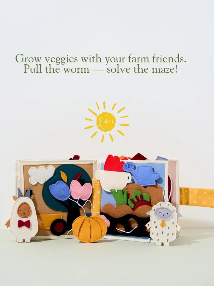 Quiet Book Farm Felt Animals, Farm Baby Shower Gifts, Sensory Learning Book for Toddlers, Birthday or Travel Gift for Ages 1-4, KinderKrama