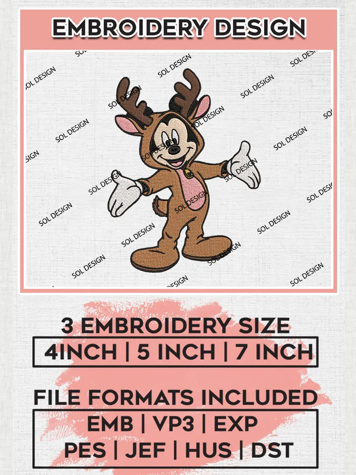Mickey Mouse Reindeer Christmas Embroidery Design Files, Disney Christmas Machine Embroidery, Disneyland Embroidery, 3 sizes, Funny Christmas Machine embroidery designs, Digital Download