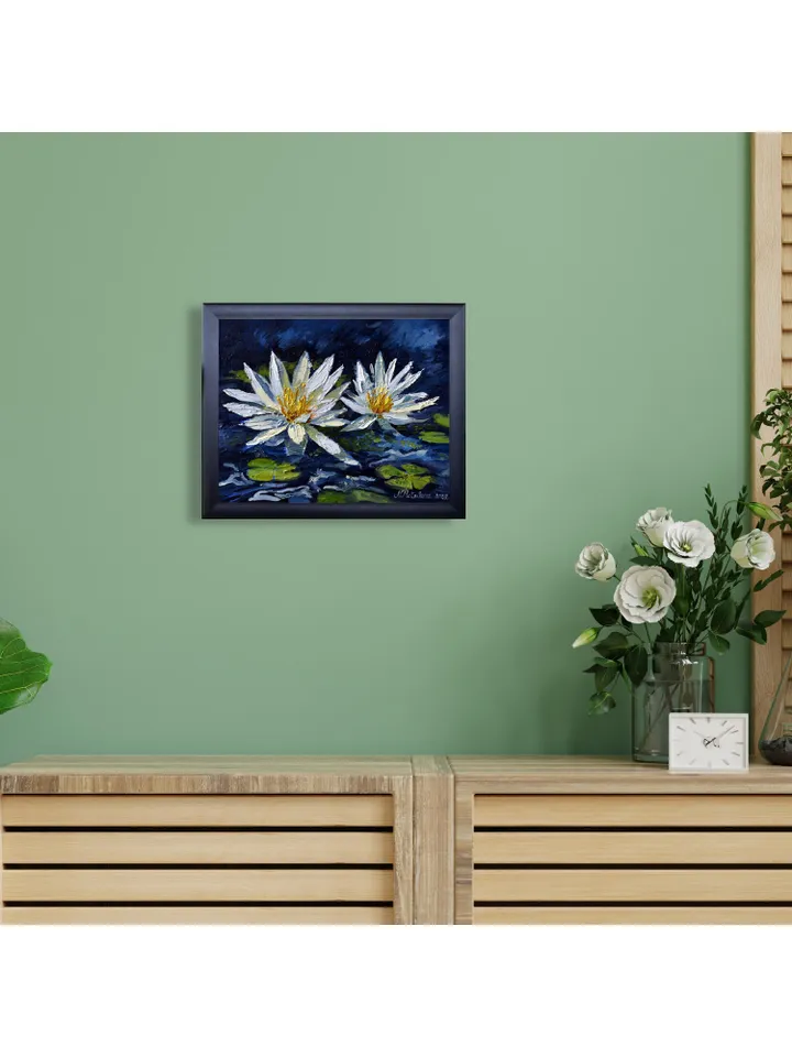 Water Lily painting Lotus Original Art Floral Artwork impasto oil painting