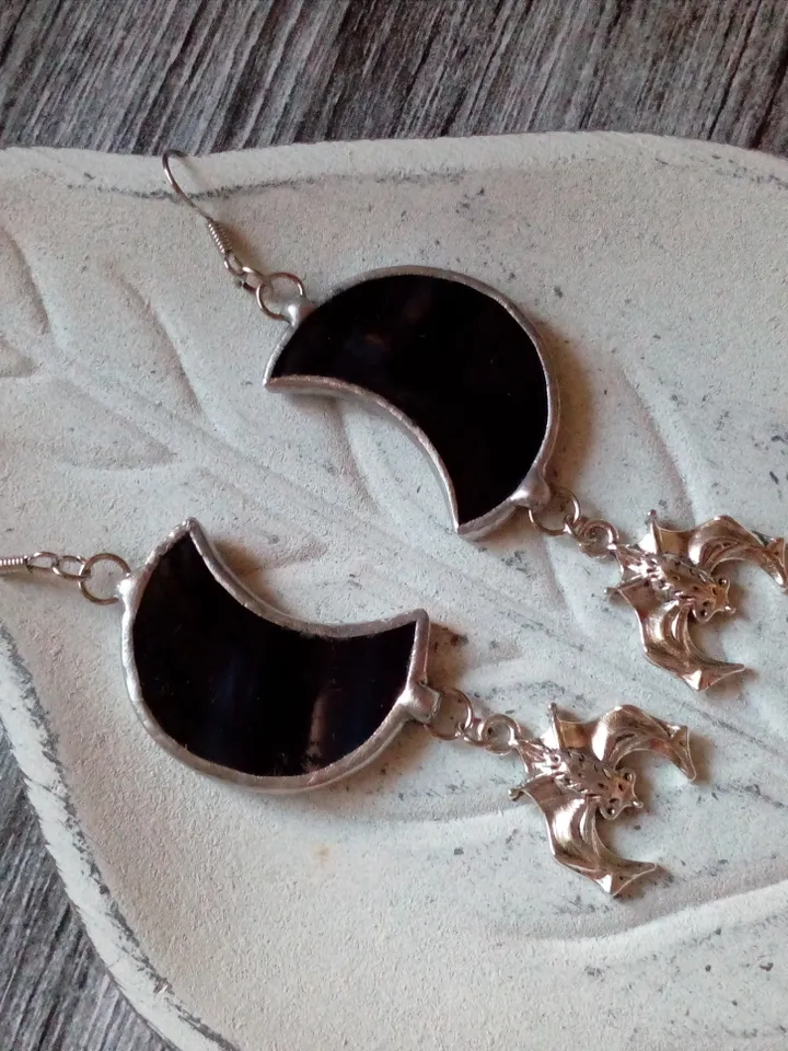 Glass crescent earrings, Bat earrings, Black crecsent, Witchy aesthetic, Witch earrings, Goth moon earrings, Halloween