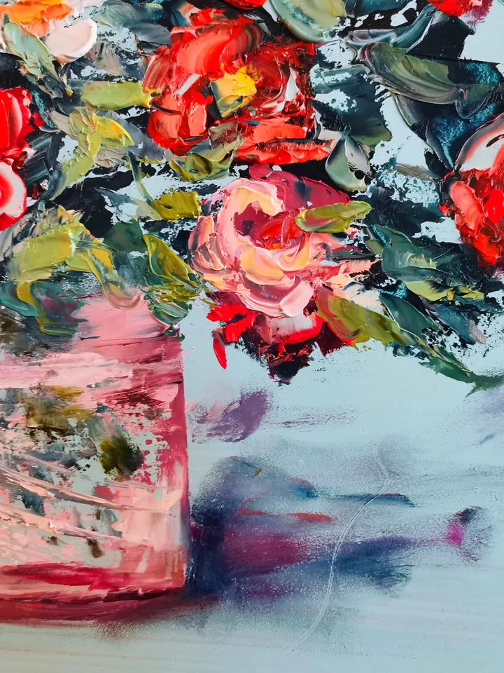 Roses Flower Coffee Candy Oil Painting Impasto Original Artist Svinar Oksana