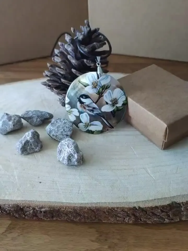 Pearl pendant necklace: Sparrow in wild roses on dainty handmade pendant • Elegant bird and floral necklace • Cute disc necklace for dress