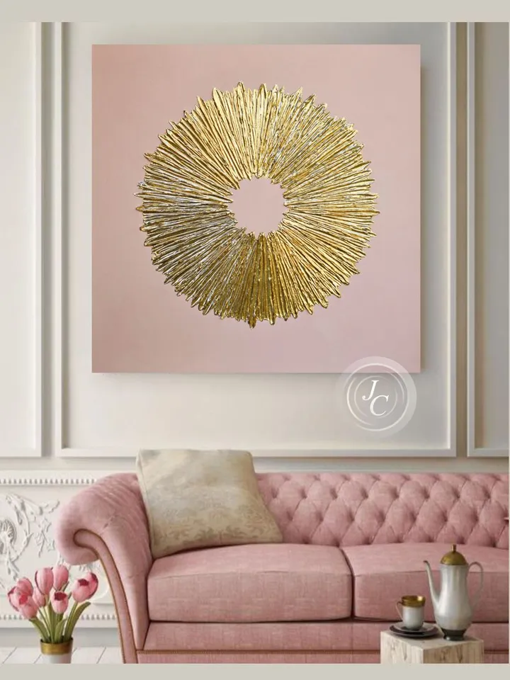 Gold and Pink Abstract Painting Sunburst Textured artwork Original Art Gold Wall Decor Above couch decor by Juliya JC