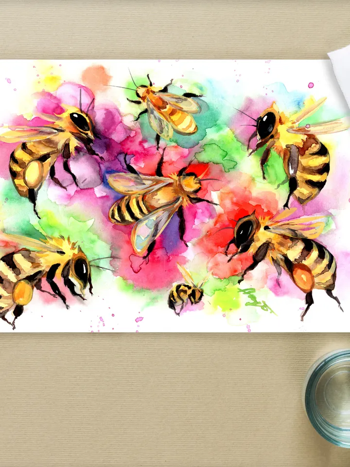 Bees original watercolour, bee painting, flowers wall decor, 8x11 in art for natura lovers by Anne Gorywine