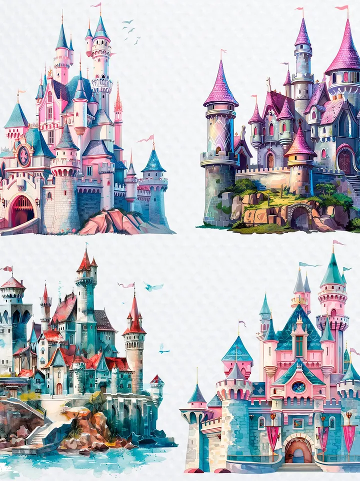 12 Princess Castle PNG Clipart, Watercolor Princess Castle for sublimation, Princess Castle High Quality PNGs, Paper craft, Junk Journals