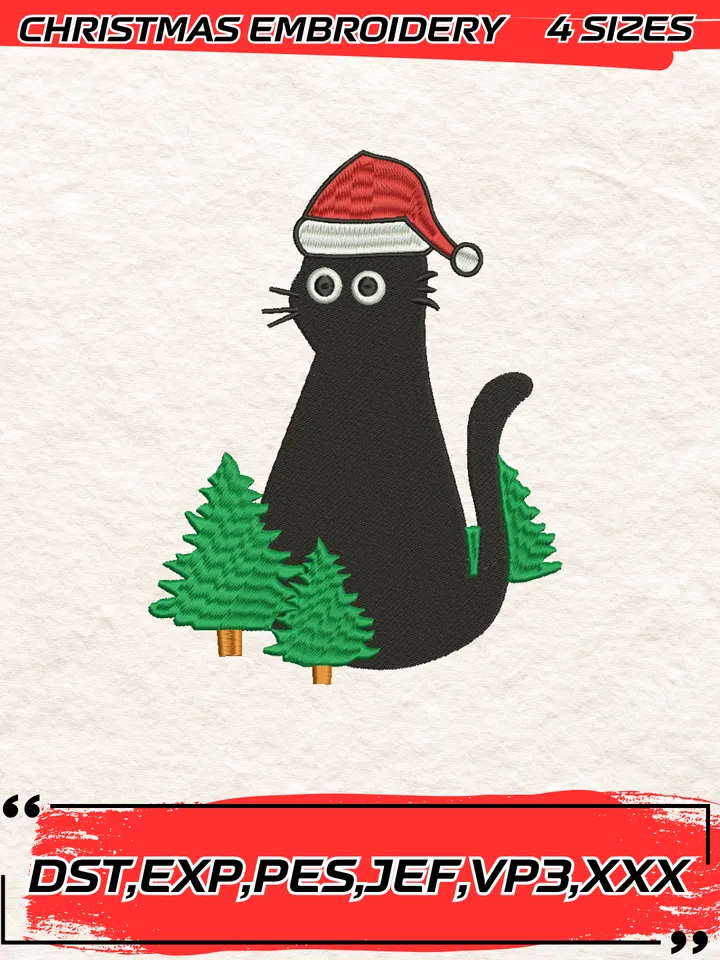 Black Cat Christmas Embroidery Design,Christmas Embroidery Design,4 Sizes, Digital Download #5