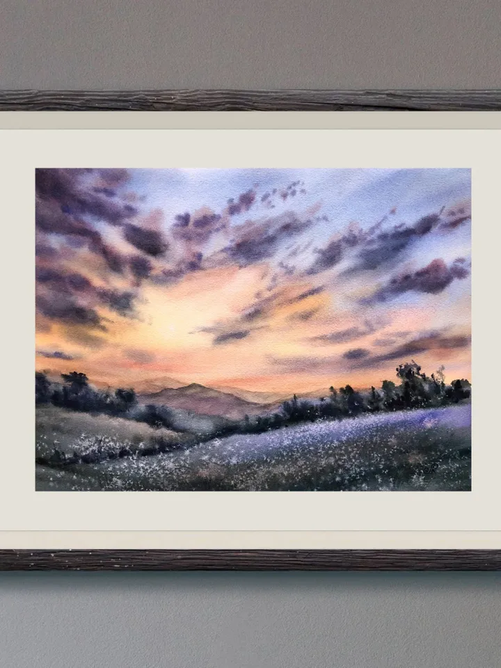 Sunset Painting Original Watercolor Landscape Cloud Painting Original Sky Wall art