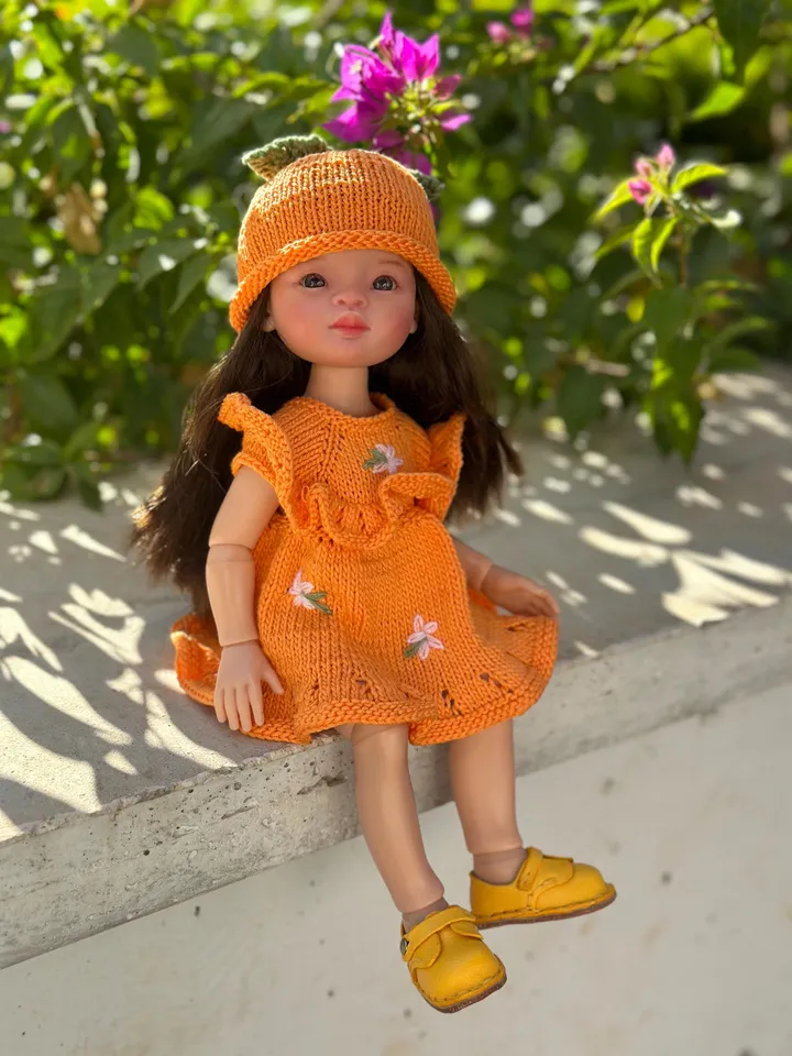 Set Dress & Cap Orange for Paola Reina KNIT PATTERN and tutorial for Boneka 12-13 inch doll, Ruby Red Siblies, Les Cheries 32 cm PDF eng
