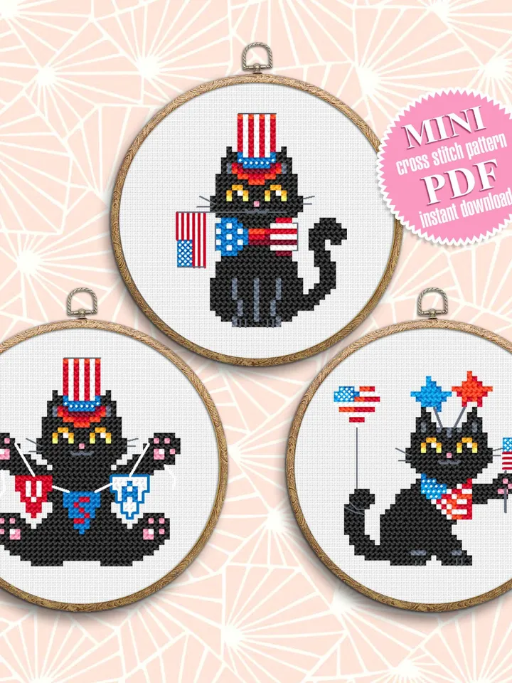 Set patriotic cats cross stitch pattern PDF download Cute black cat embroidery PDF, Independence Day, Funny 4th of july decor, USA flag #T17