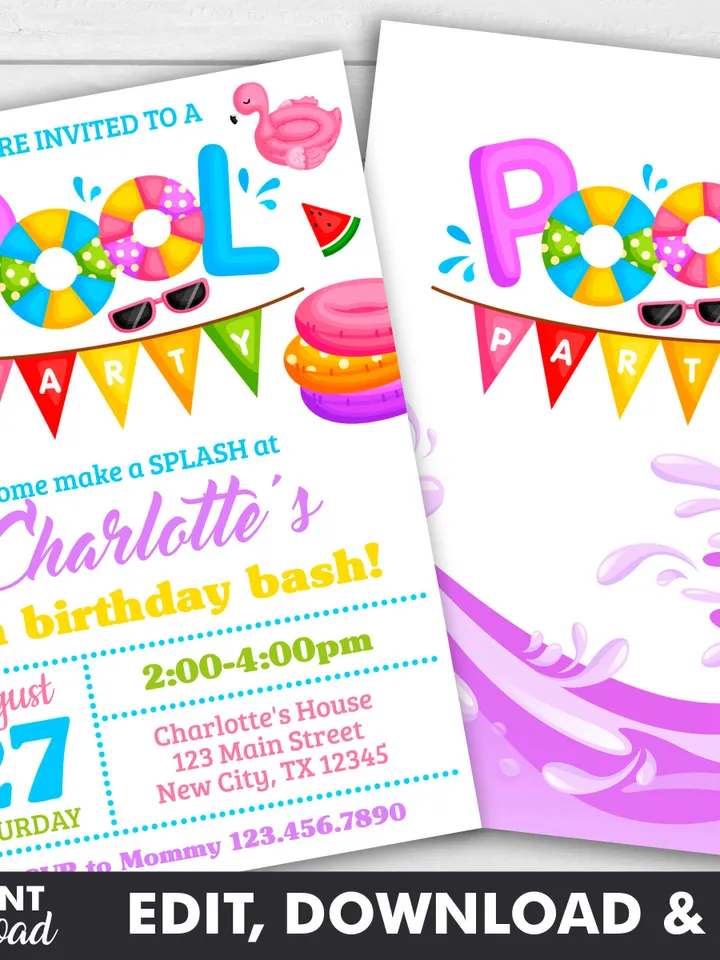 Pool Party Invitation Girl, Pool Party Birthday Invitation Instant Download, Swimming Party Invite, Editable Template