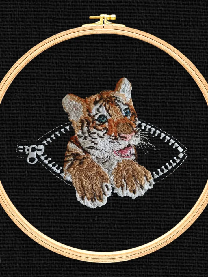 Tiger cub in a zipper pocket Miniature realistic machine embroidery design Pet design tiger realistic pattern tiger cub embroidery motif