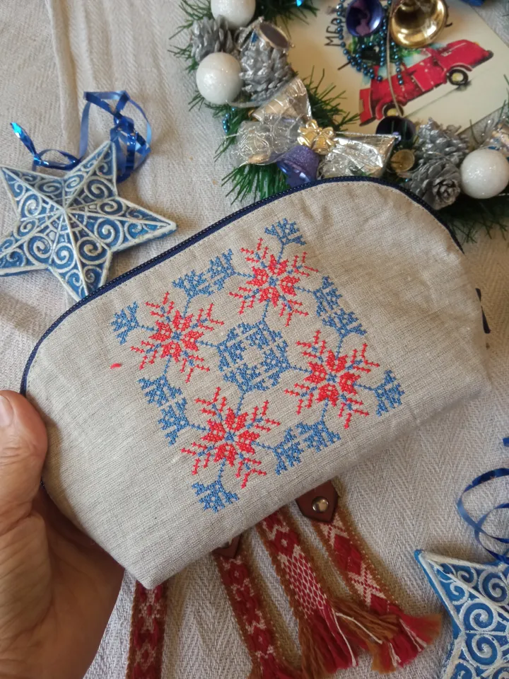 Cosmetic bag or pencil case made of linen with hand embroidery of a traditional Belarusian ornament