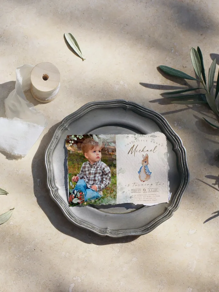 Add Photo First Birthday Invite; Bunny Baby Birthday Invitation template; Our little bunny turning one; Peter Rabbit birthday invitation