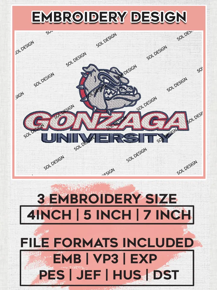 Gonzaga Uni.versity Team Logo Embroidery Design Files, NCAA Gonzaga Bulldogs Machine Embroidery, NCAA Teams, Game Day, 3 sizes, NCAA Machine embroidery designs, Digital Download