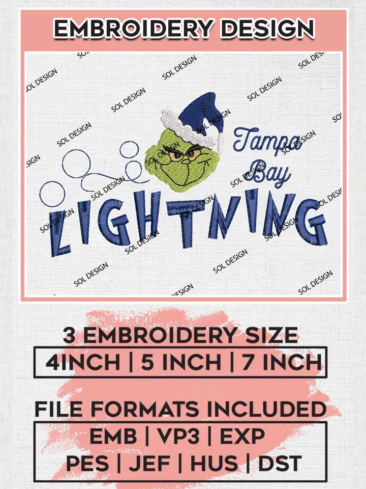 Grinch Tampa Bay Lightning Embroidery Designs, Grinch Christmas Embroidery Files, NHL Lightning Machine Embroidery Designs, NHL Tampa Bay Lightning Logo, NHL Christmas Machine Embroidery Design, Digital Download