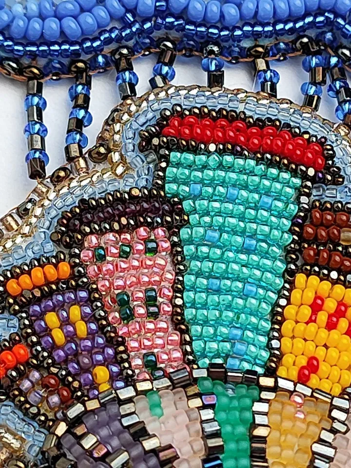 Pendant necklace Rain in the city embroidered landscape jewelry 6,5 by 10 cm