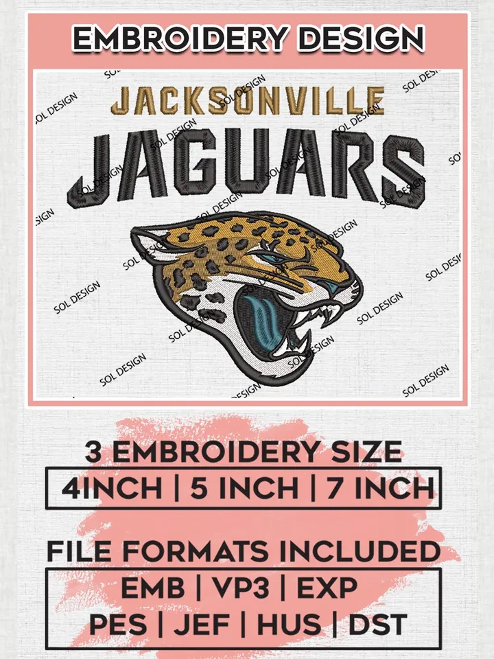 Jacksonville Jaguars Embroidery Design Files, NFL Jaguars, NFL Embroidery Designs, NFL Jacksonville Jaguars Machine Embroidery Design, Digital Download