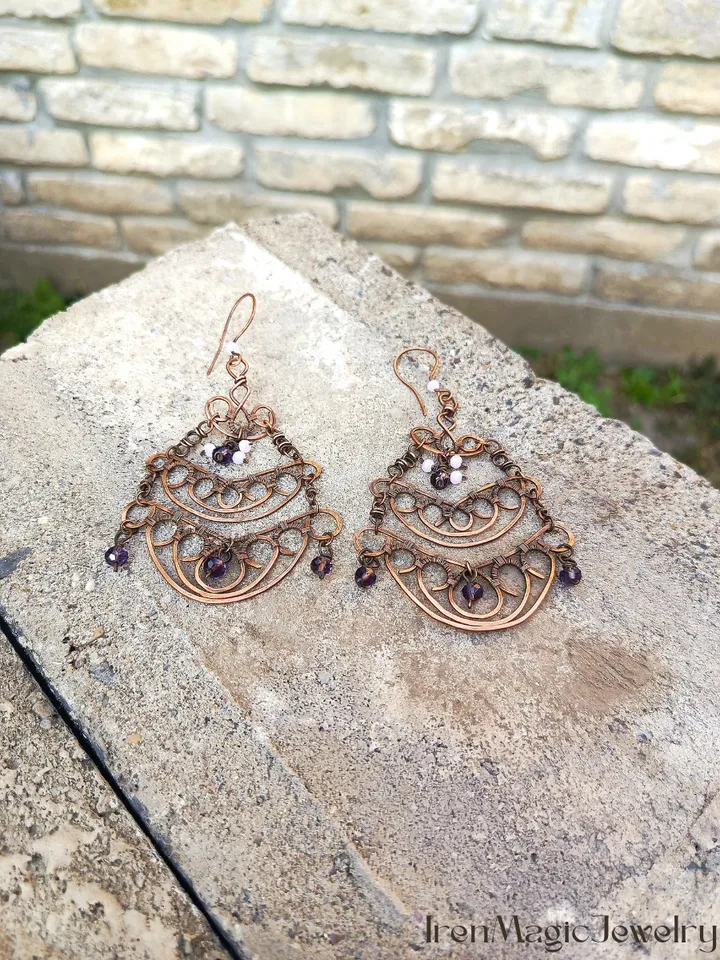 Airy Copper Boho Earrings in Soft Pink and Purple