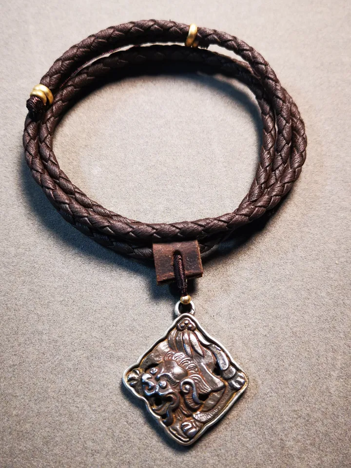 Gandhanra Antique Tibetan Buddhist Amulet,Snow Lion-the Four Dignities(Garuda,Tiger,Dragon,Lion),Buddhist Talisman,Inlaid with Sliver