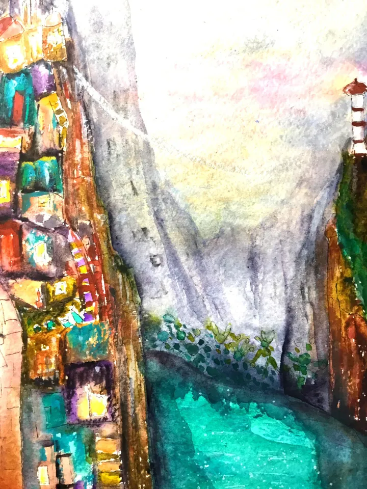 Abstract watercolour painting,original watercolour wall art,fantasy landscape,architecture and cityscape painting.