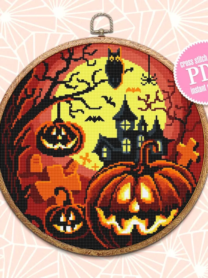 Halloween cross stitch pattern download PDF Spooky cross stitch Halloween moon stitch chart Happy Halloween Magic castle beginner stitch #H1