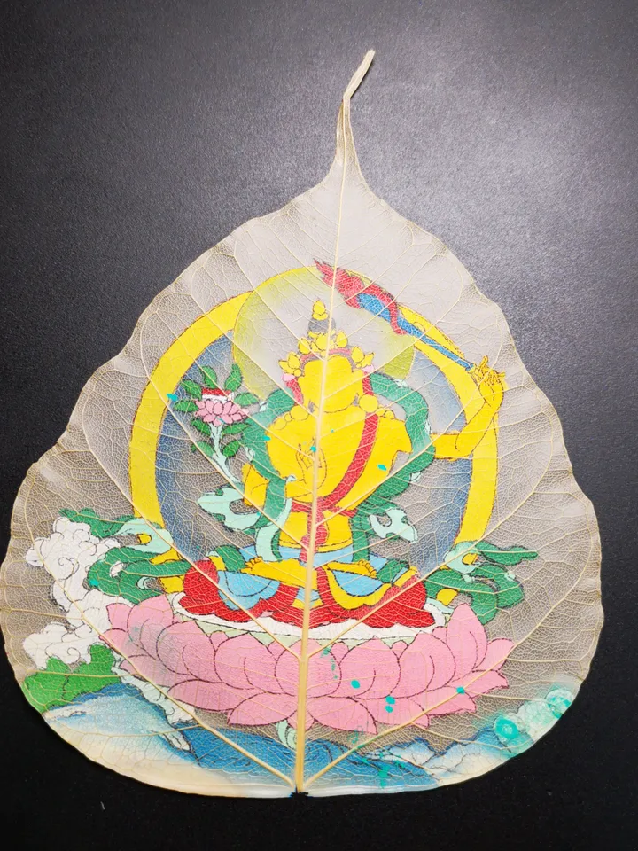 Gandhanra Handpainted Bodhi Leaf Thangka,Packed in Wooden Picture Frame,Painted with Natural Mineral Pigments,Manjusri Thangka
