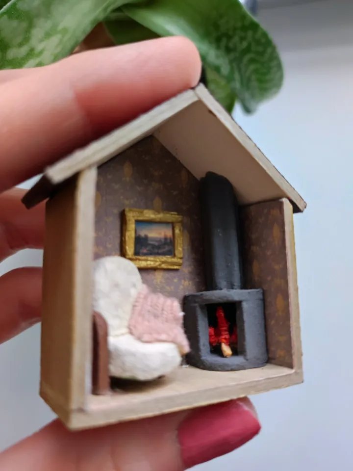 Micro Hall with Fireplace Miniature Doll House With Furniture scale 1/100