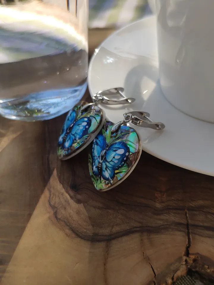 Pearl earrings: Dainty Butterfly Earrings dangle hand painted on Mother of Haliotis pearl • Heart shaped cute Art earrings for elegant women