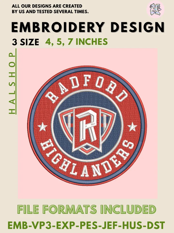 NCAA Radford Highlanders Round Logo Embroidery, NCAA Radford Highlanders Logo Embroidery Files, NCAA Teams, Machine Embroidery Designs, Digital Download