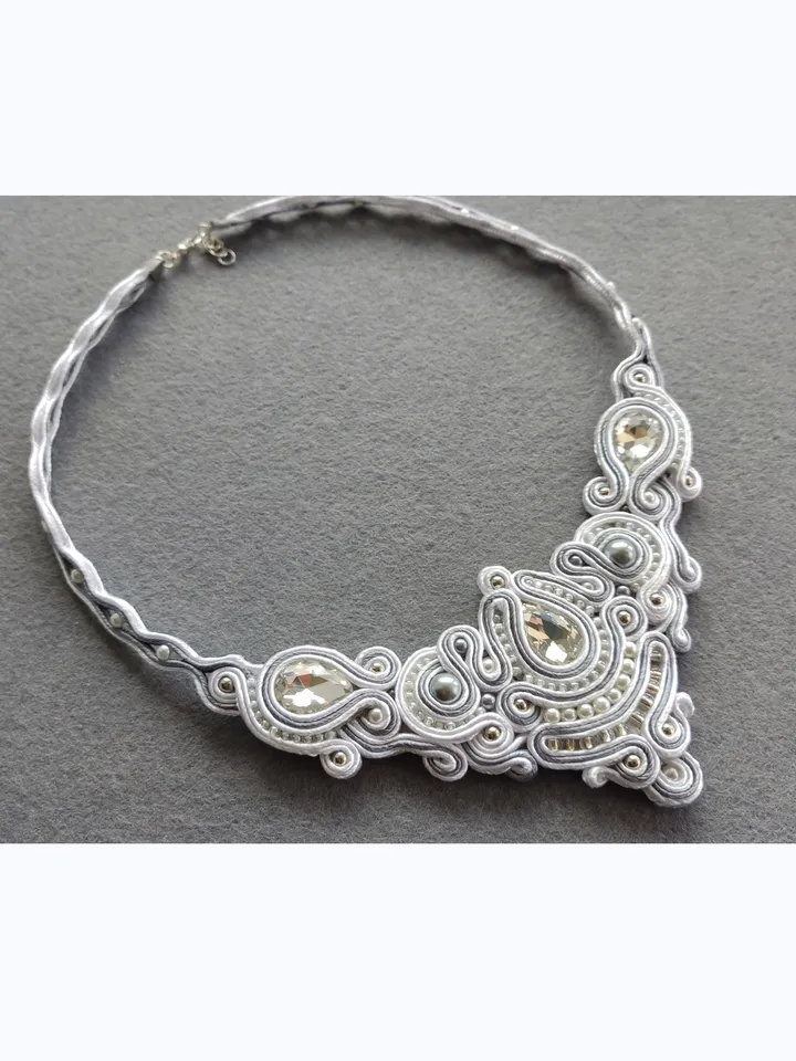 Bridal necklace, White necklace, Wedding jewelry, Bead Embroidered Soutache necklace Rhinestone beaded necklace