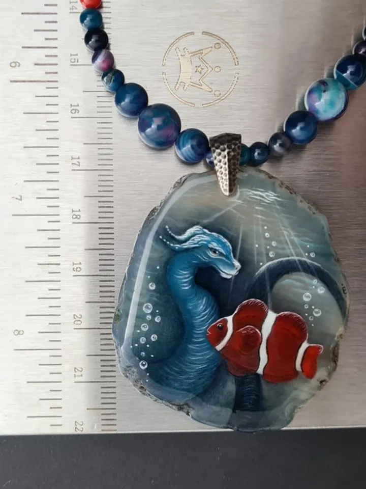 Dragon necklace Blue Dragon on Agate Stone charm Christmas Gift Wrapping