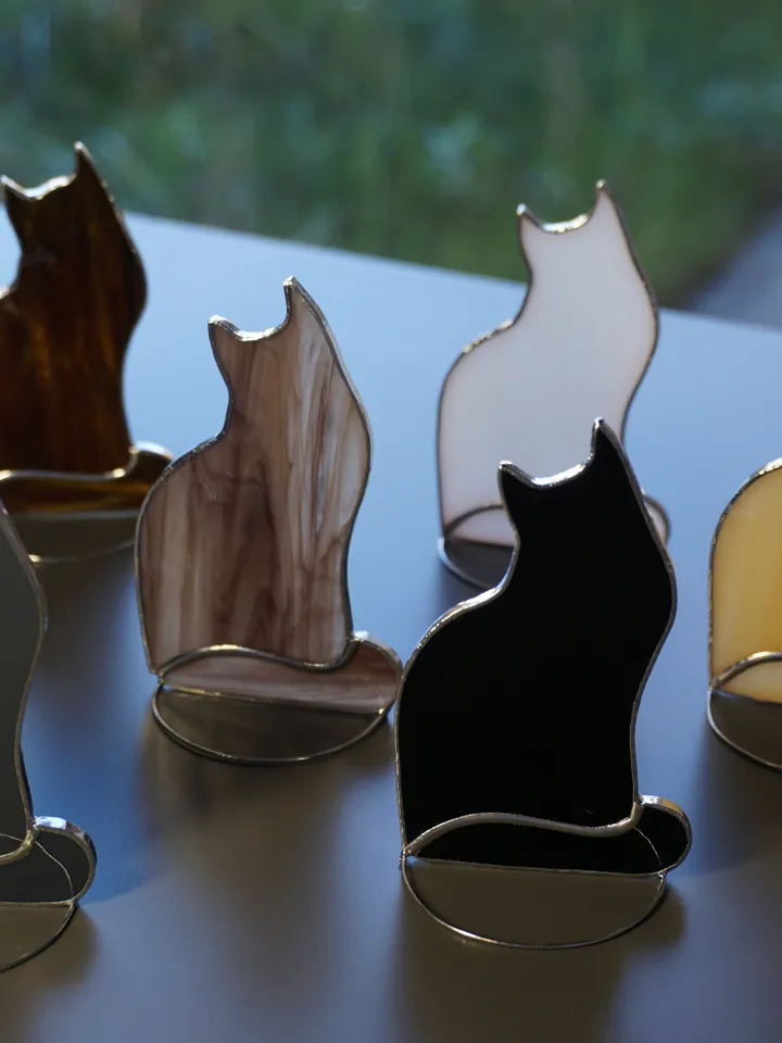Cat Stained glass hanging , standing Suncatcher , black , white , gray , brown mottled , cocoa , amber . Gift animal lover , shelf sitters