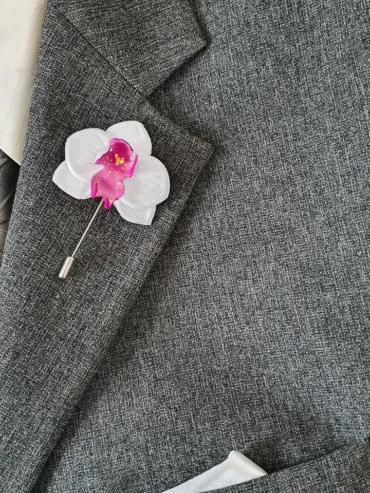 White orchid men's lapel pin Leather boutonniere for him 3rd anniversary gift, art.51