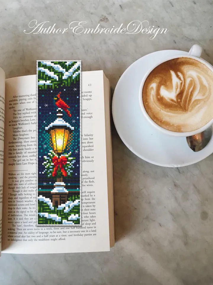 Christmas bookmark cross stitch pattern PDF download Christmas lamp post cross stitch chart, Winter bookmark pattern digital, Cardinal #N384