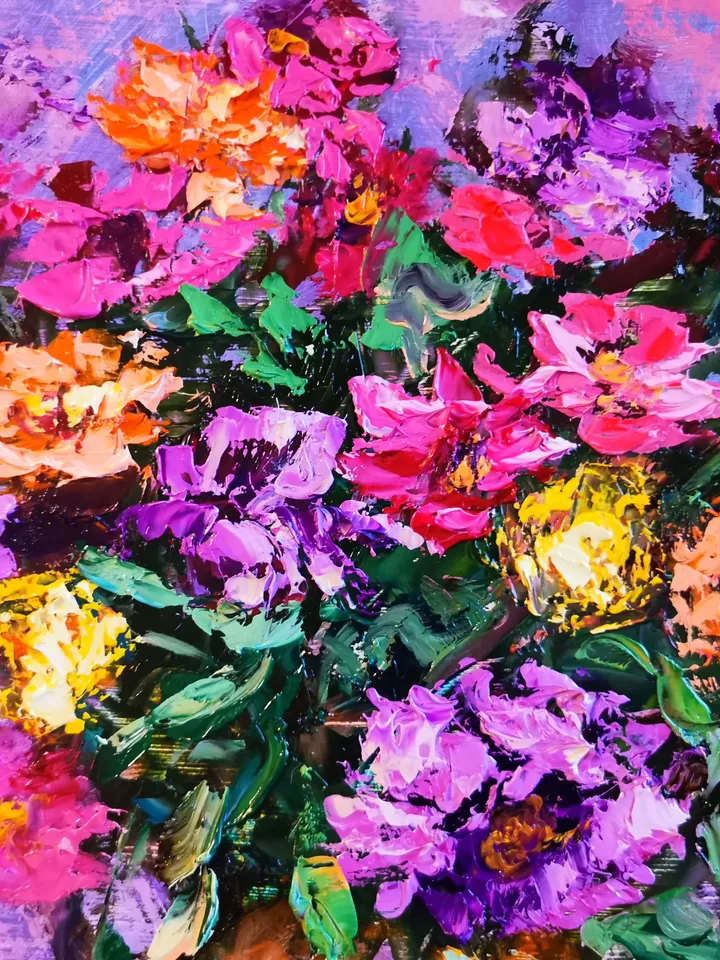 Bright Flowers Wine Oil Painting Original Impasto Artist Svinar Oksana